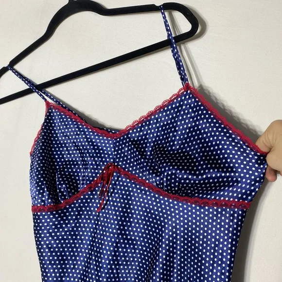 La Vie En Rose Blue Polka Dot Nightgown Sleep Dress Slip Dress W Ruffle Hem L - Picture 7 of 13
